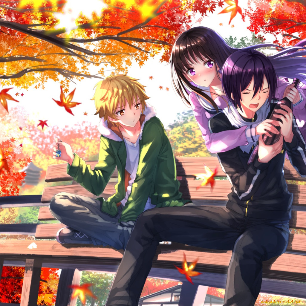 Обои Аниме Noragami, обои для рабочего стола, фотографии аниме, noragami,  iki, hiyori, юкине, Ято, бутылка, осень, хиори, арт, бездомный, бог,  деревья, скамья, yukine, дом, yato, swordsouls Обои для рабочего стола,  скачать обои